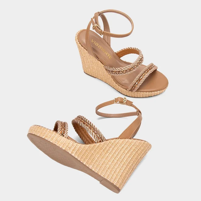 Sandália Feminina Via Marte Ráfia Detalhe Strass & Pedraria Nude