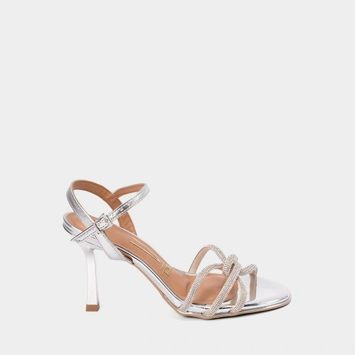 Sandália Feminina Vizzano Salto Fino Alto Multitiras Strass Prata