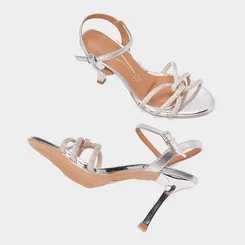 Sandália Feminina Vizzano Salto Fino Alto Multitiras Strass Prata