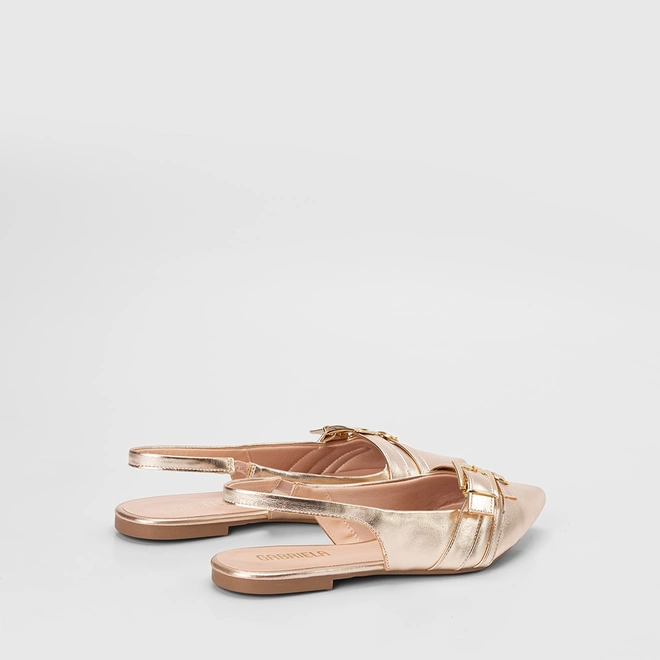 Sapatilha Slingback Feminina Gabriela Tiras Fivelas Metalizado Ouro