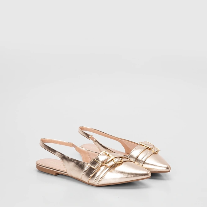 Sapatilha Slingback Feminina Gabriela Tiras Fivelas Metalizado Ouro