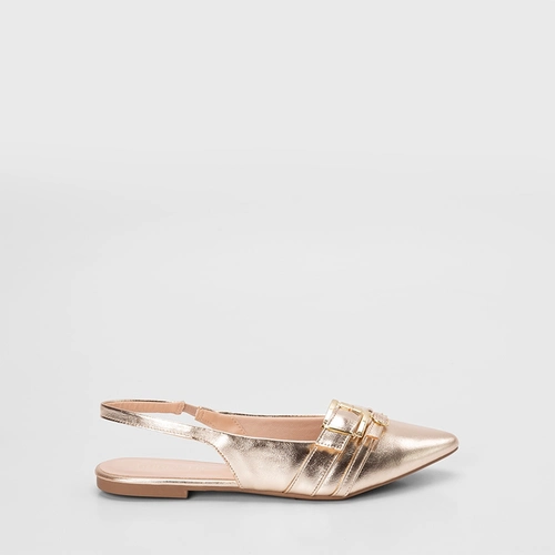 Sapatilha Slingback Feminina Gabriela Tiras Fivelas Metalizado Ouro