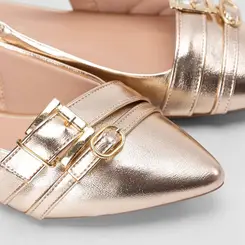 Sapatilha Slingback Feminina Gabriela Tiras Fivelas Metalizado Ouro