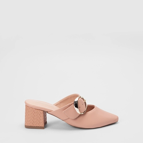 Mule Feminino Gabriela Salto Médio Bloco Trama Detalhe Fivela Nude