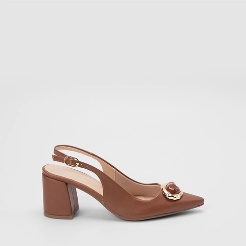Scarpin Slingback Feminino Gabriela Salto Médio Bloco Detalhe Pedraria Caramelo