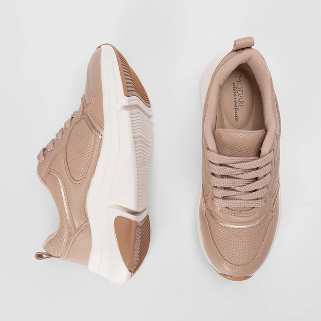 Tênis Casual Feminino Modare Ultraconforto Detalhe Metalizado Bege