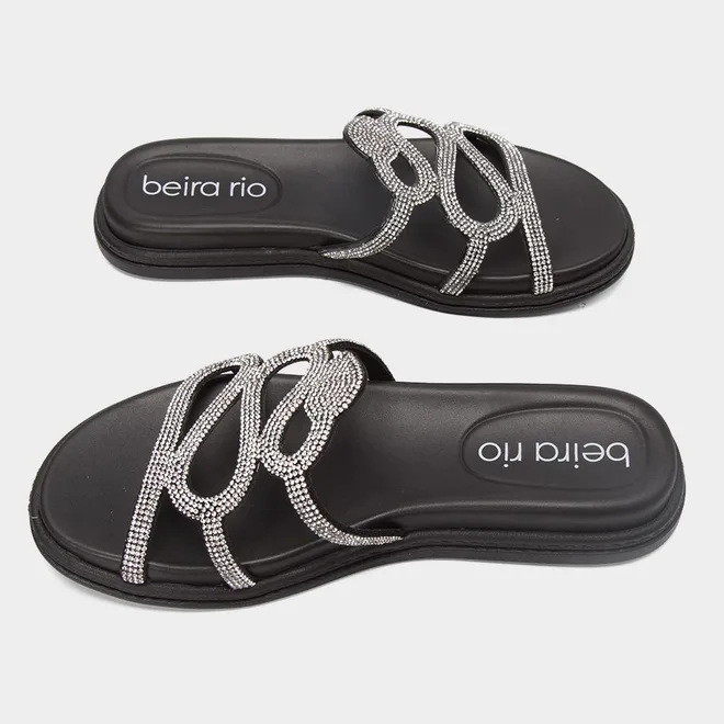 Rasteira Feminina Beira Rio Recorte Vazado Strass Preto