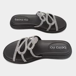 Rasteira Feminina Beira Rio Recorte Vazado Strass Preto
