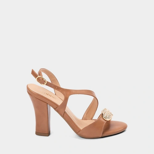 Sandália Feminina Gabriela Salto Alto Grosso Detalhe Bold Marrom