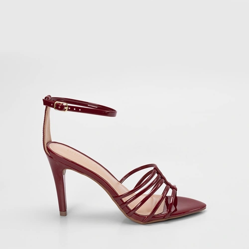 Sandália Feminina Gabriela Salto Alto Fino Multitiras Verniz Vinho