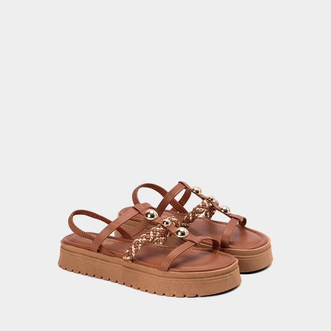 Sandália Feminina Gabriela Flatform Tachas Esferas Tressê Caramelo