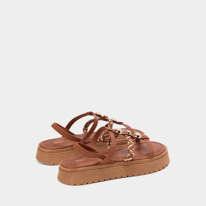Sandália Feminina Gabriela Flatform Tachas Esferas Tressê Caramelo