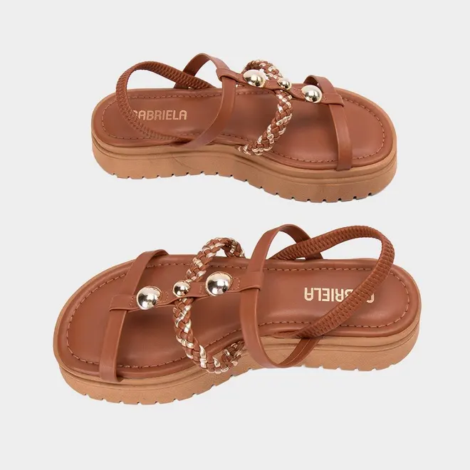 Sandália Feminina Gabriela Flatform Tachas Esferas Tressê Caramelo