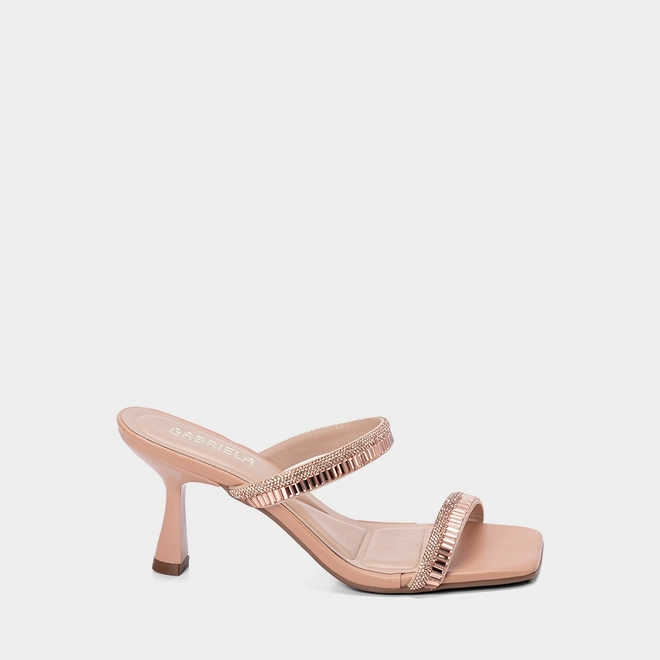 Tamanco Feminino Gabriela Salto Alto Flare Detalhe Strass Nude