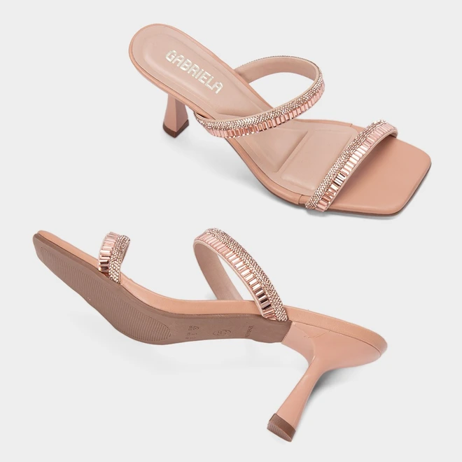 Tamanco Feminino Gabriela Salto Alto Flare Detalhe Strass Nude
