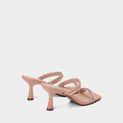 Tamanco Feminino Gabriela Salto Alto Flare Detalhe Strass Nude