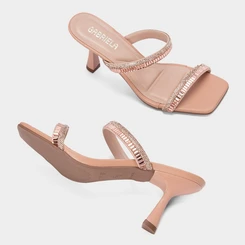Tamanco Feminino Gabriela Salto Alto Flare Detalhe Strass Nude