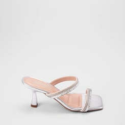 Tamanco Feminino Gabriela Salto Alto Flare Detalhe Strass Metalizado Prata