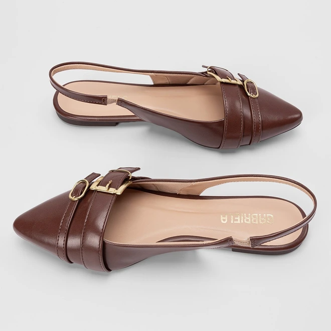 Sapatilha Slingback Feminina Gabriela Tiras Fivelas Marrom