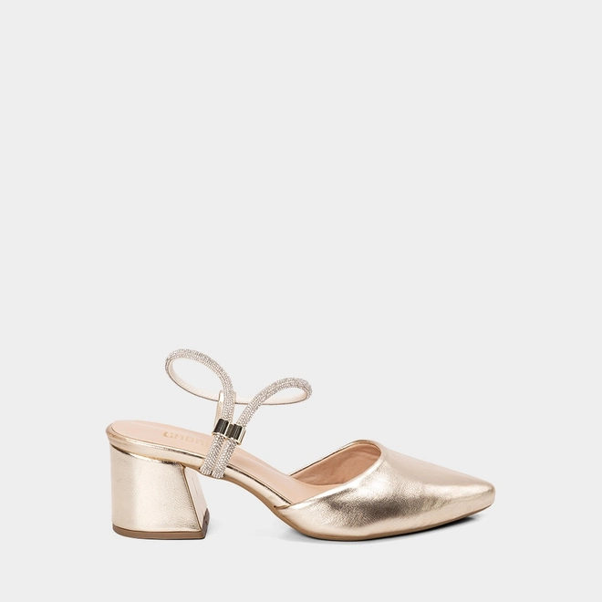 Scarpin Slingback Feminino Penélope Salto Geométrico Tira Strass Metalizado Ouro