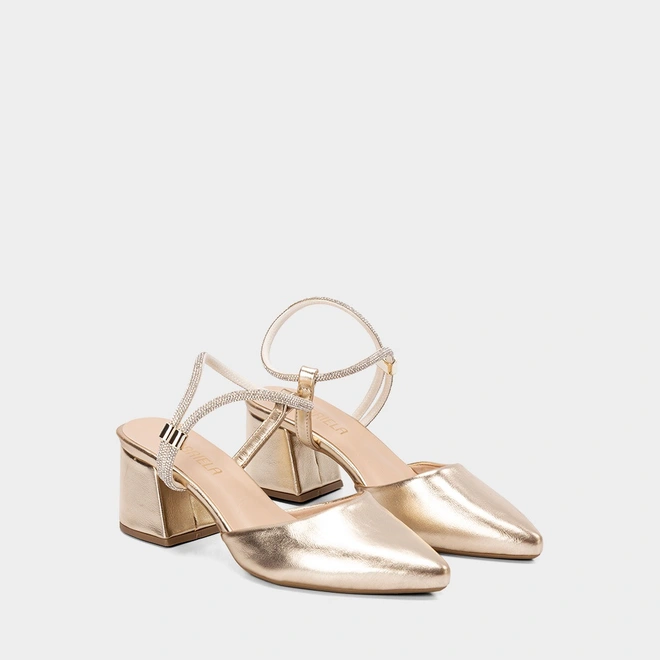 Scarpin Slingback Feminino Penélope Salto Geométrico Tira Strass Metalizado Ouro