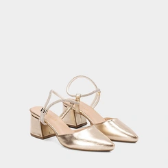 Scarpin Slingback Feminino Penélope Salto Geométrico Tira Strass Metalizado Ouro