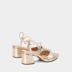 Scarpin Slingback Feminino Penélope Salto Geométrico Tira Strass Metalizado Ouro