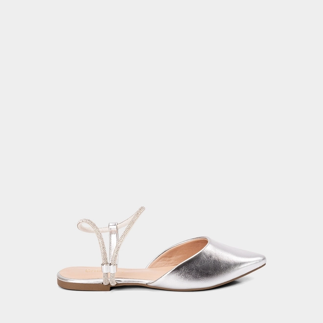 Sapatilha Slingback Feminina Gabriela Tira Strass Metalizada Prata
