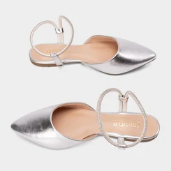 Sapatilha Slingback Feminina Gabriela Tira Strass Metalizada Prata