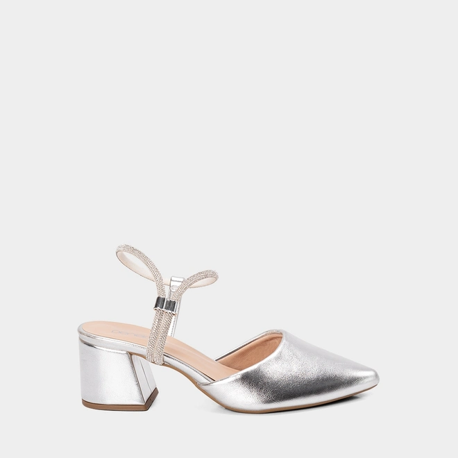Scarpin Slingback Feminino Penélope Salto Geométrico Tira Strass Metalizado Prata