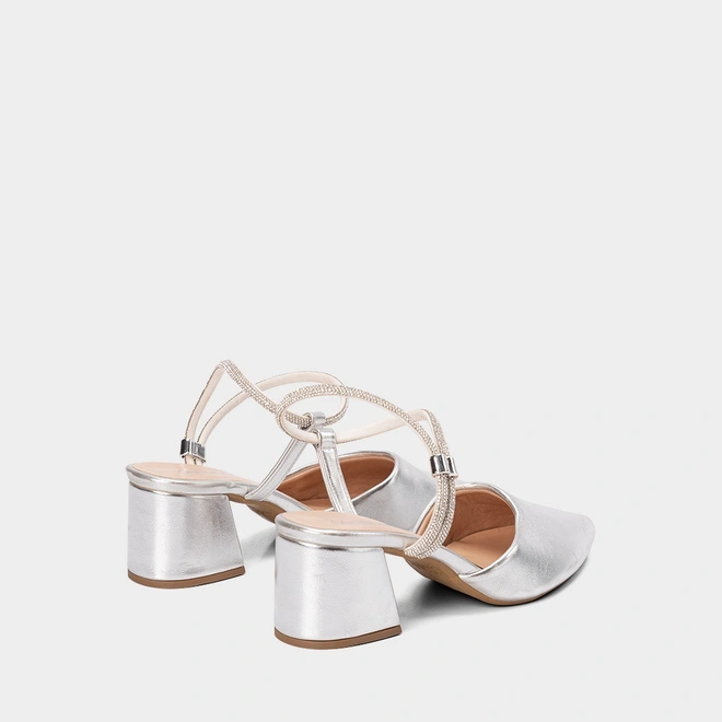 Scarpin Slingback Feminino Penélope Salto Geométrico Tira Strass Metalizado Prata