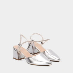 Scarpin Slingback Feminino Penélope Salto Geométrico Tira Strass Metalizado Prata