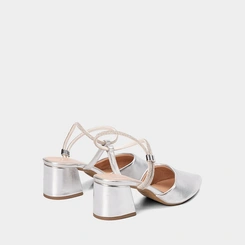 Scarpin Slingback Feminino Penélope Salto Geométrico Tira Strass Metalizado Prata
