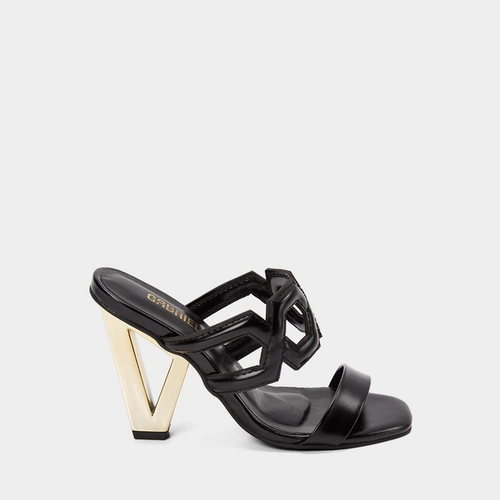 Tamanco Feminino Gabriela Salto Geométrico Alto Tira Recorte Vazado Preto