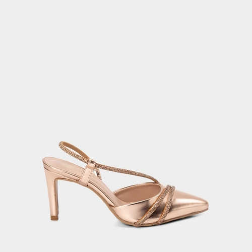 Scarpin Slingback Feminino Gabriela Tiras Strass Metalizado Ouro