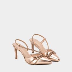 Scarpin Slingback Feminino Gabriela Tiras Strass Metalizado Ouro
