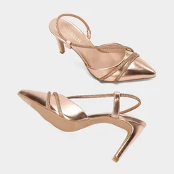 Scarpin Slingback Feminino Gabriela Tiras Strass Metalizado Ouro
