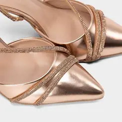 Scarpin Slingback Feminino Gabriela Tiras Strass Metalizado Ouro