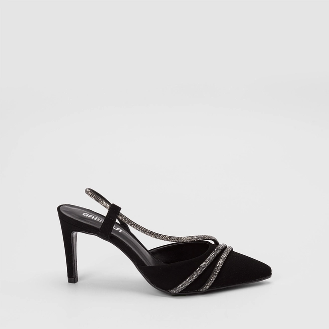 Scarpin Slingback Feminino Gabriela Salto Alto Fino Nobuck & Strass Preto