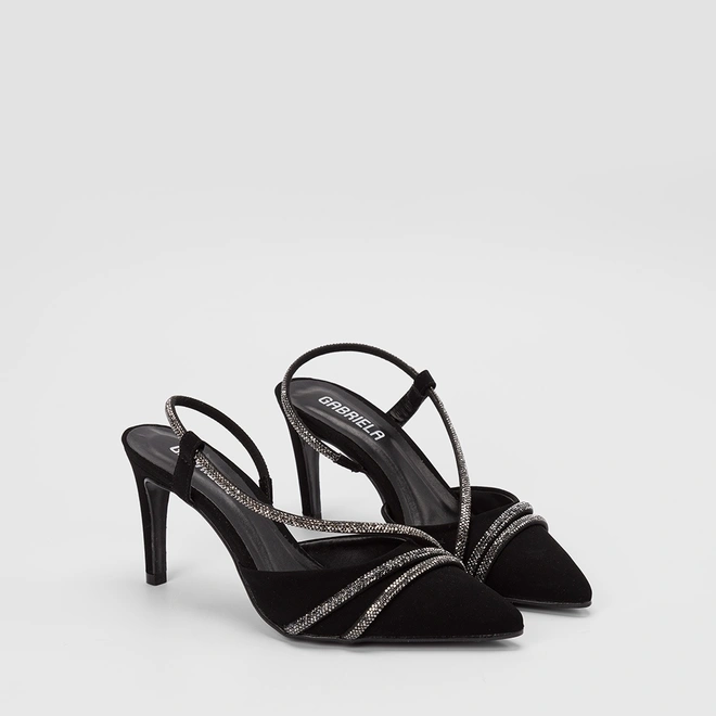 Scarpin Slingback Feminino Gabriela Salto Alto Fino Nobuck & Strass Preto
