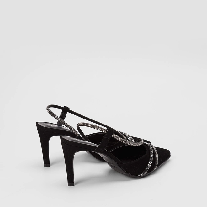 Scarpin Slingback Feminino Gabriela Salto Alto Fino Nobuck & Strass Preto