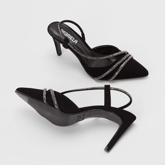 Scarpin Slingback Feminino Gabriela Salto Alto Fino Nobuck & Strass Preto