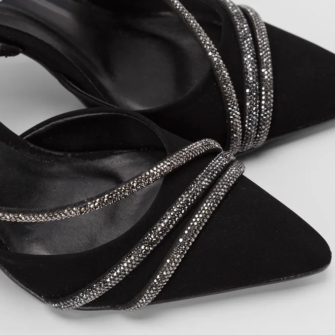 Scarpin Slingback Feminino Gabriela Salto Alto Fino Nobuck & Strass Preto
