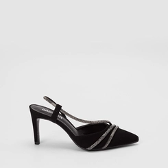 Scarpin Slingback Feminino Gabriela Salto Alto Fino Nobuck & Strass Preto
