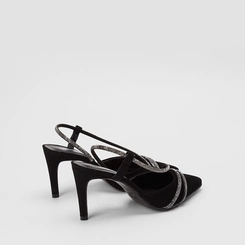 Scarpin Slingback Feminino Gabriela Salto Alto Fino Nobuck & Strass Preto