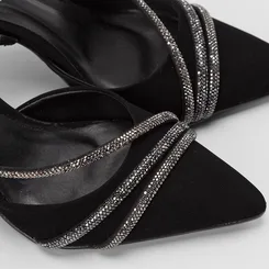 Scarpin Slingback Feminino Gabriela Salto Alto Fino Nobuck & Strass Preto