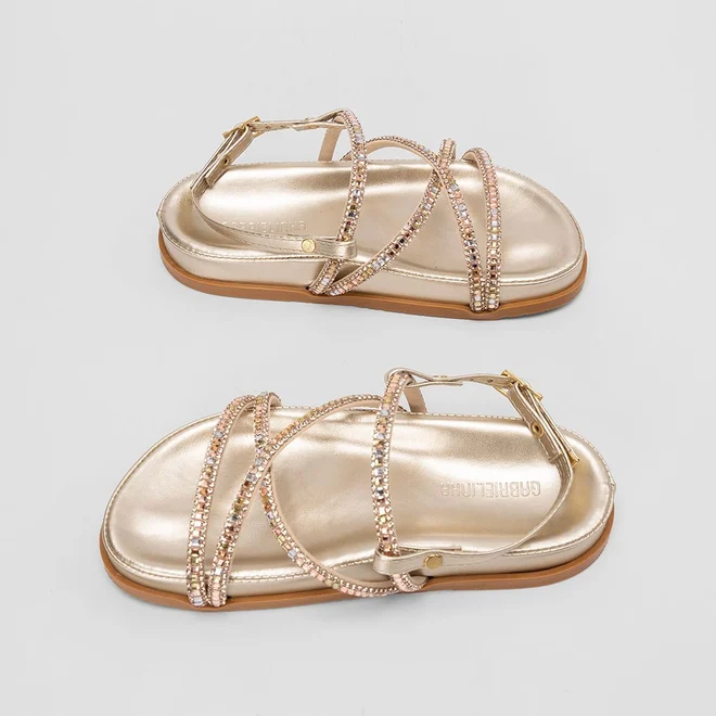 Sandália Rasteira Infantil Gabrielinha Detalhe Strass Ouro