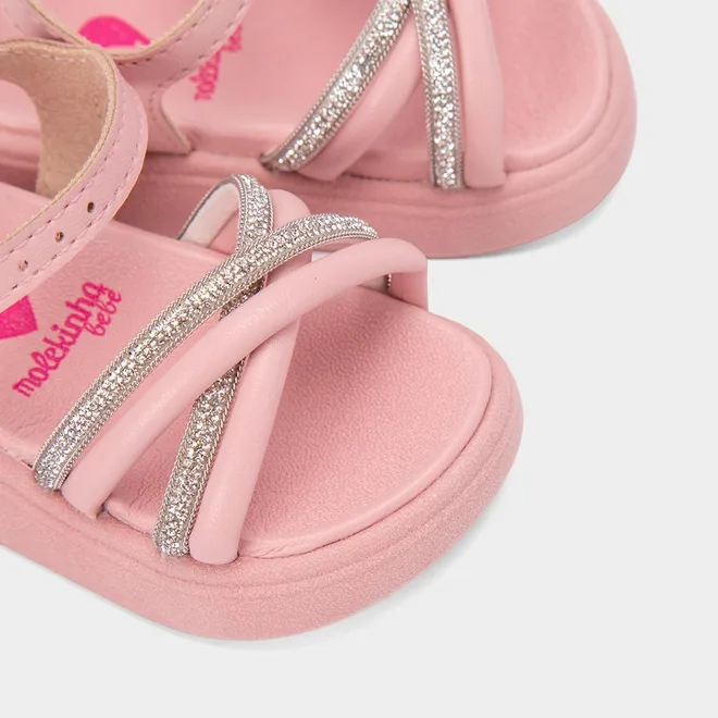 Sandália Bebê Molekinha Tiras Cruzadas Strass Rosa