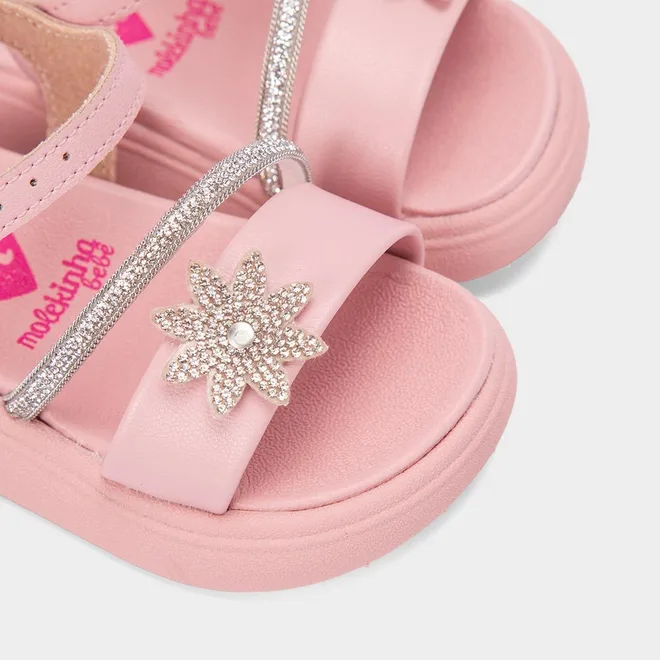 Sandália Bebê Molekinha Enfeite Flor & Strass Rosa