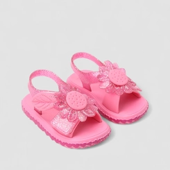 Sandália Infantil Zaxy Tira Contato Glitter Detalhe Flor & Corações Rosa